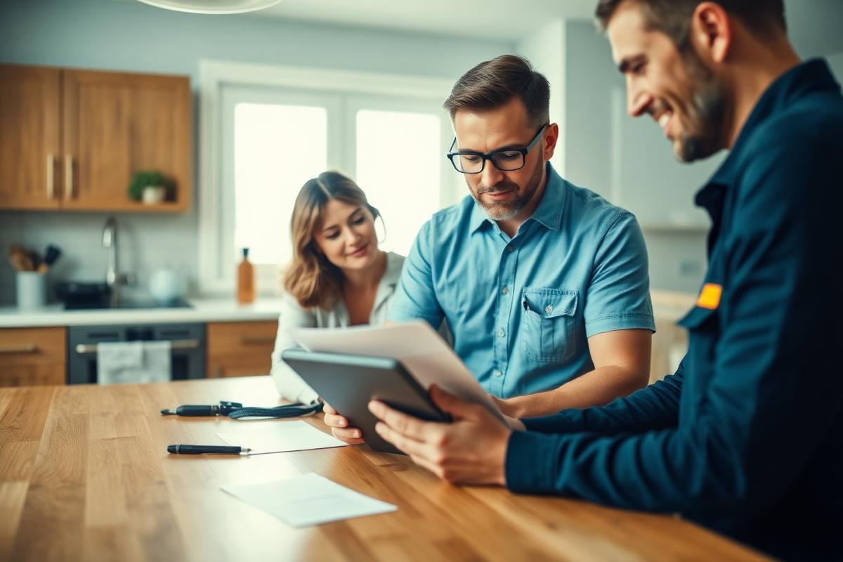 Homeowners reviewing financing options with a technician