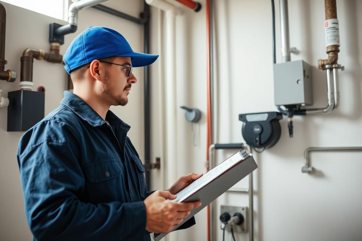 Plumbing technician assessing a home system for a replacement estimate