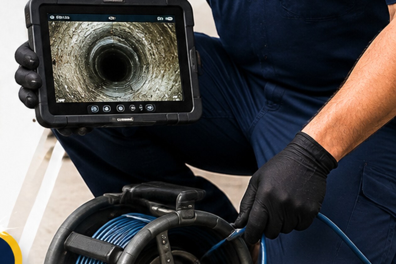 Technician performing a camera inspection of a sewer line